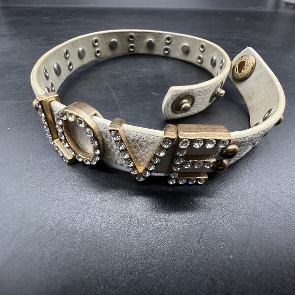 Yik Fung Rhinestone Studded Love White Leather Wrap Bracelet Snap Closure - Picture 2 of 11